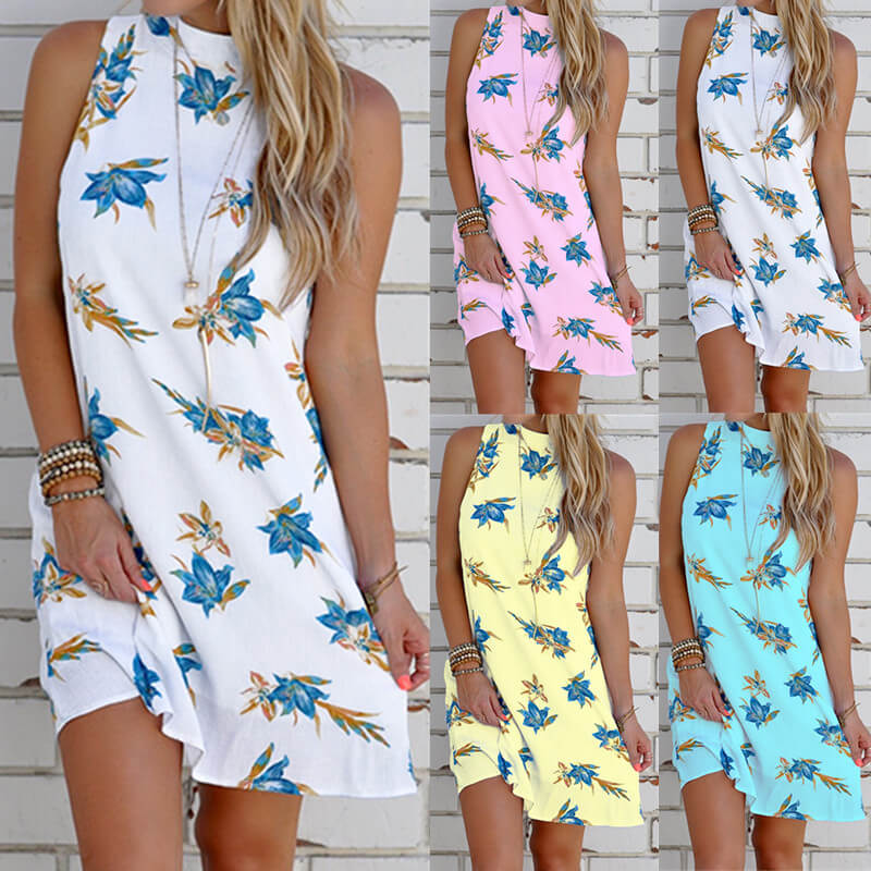 Sleeveless Floral Backless Loose Short Dress