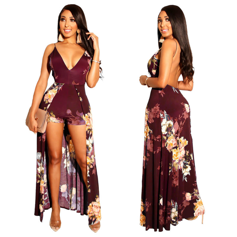 Sexy With Train Spaghetti Strap Backless Print Romper