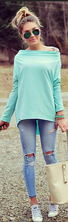 Sexy Scoop Long Sleeve Irregular Hemline Pure Color Blouse