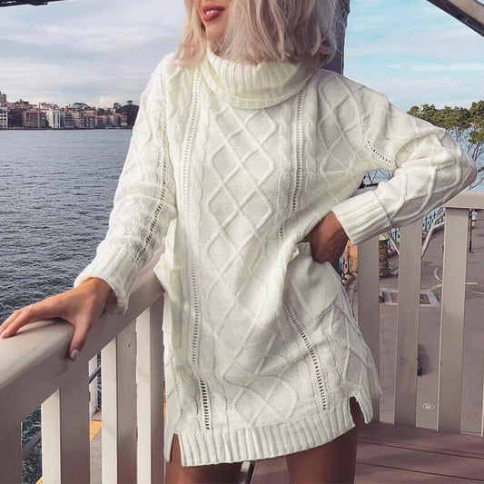 Turtleneck Cable Knit Oversized Sweater Dress