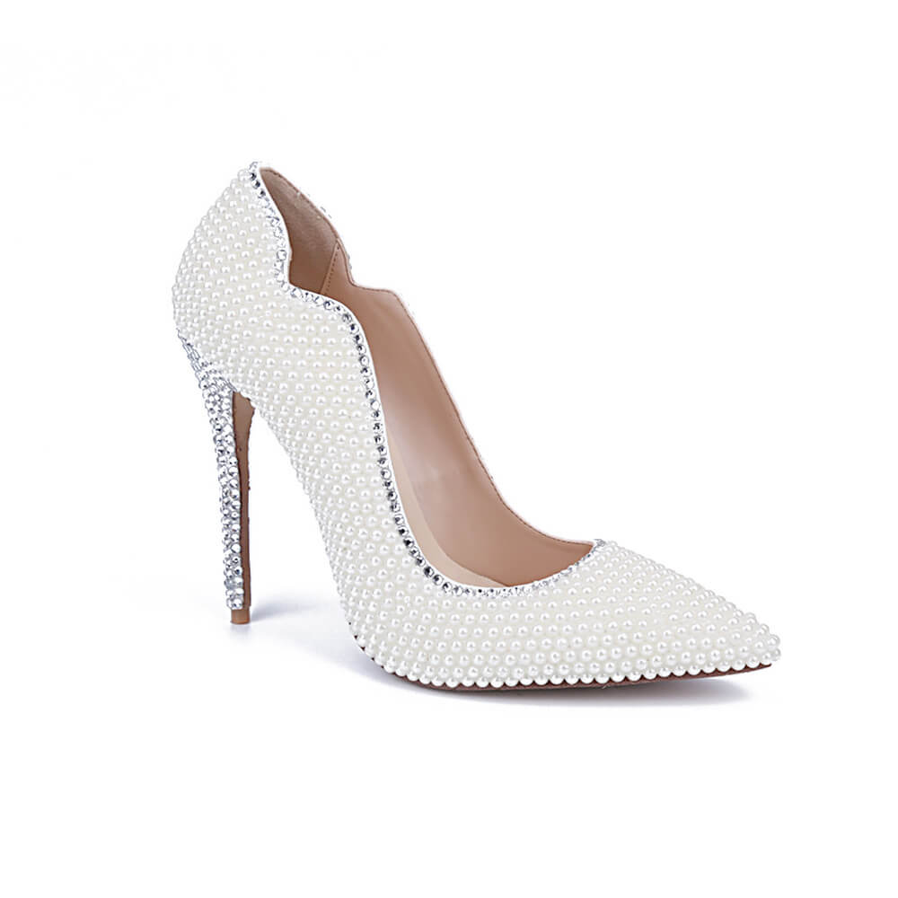 White Leather Sexy Rhinestone Close Toe Pumps