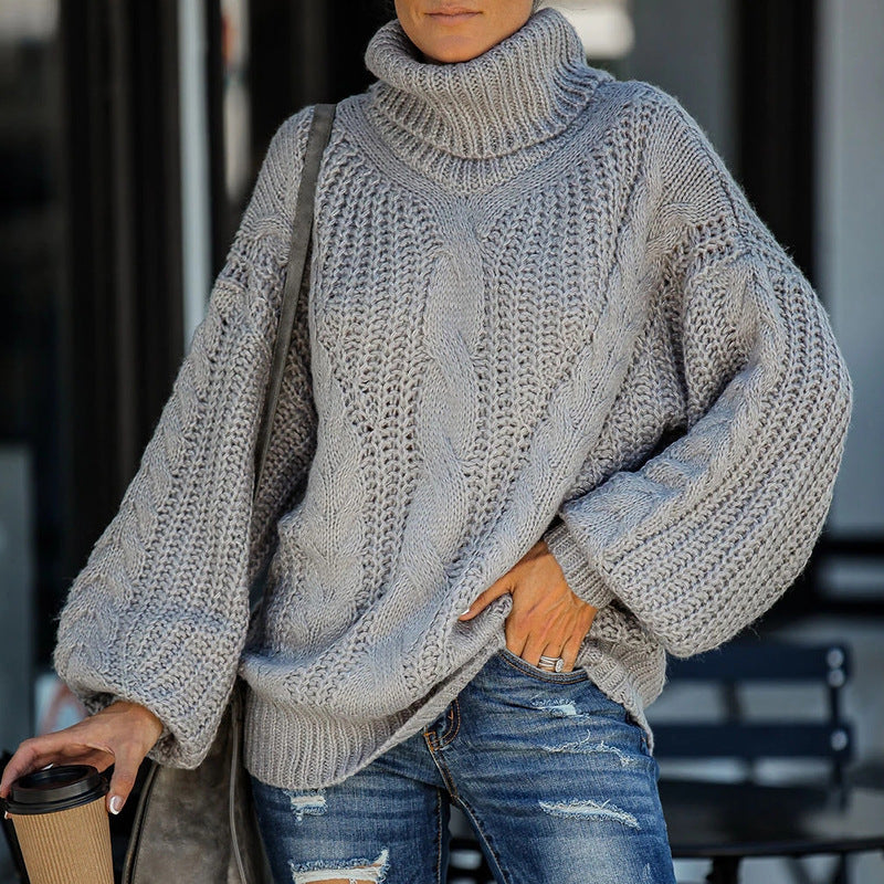 Turtleneck Balloon Sleeve Cable Knitted Sweater