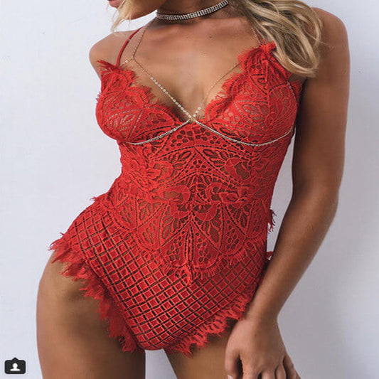 Sexy Lace Spaghetti Strap Deep V Neck Sheer Bodysuit