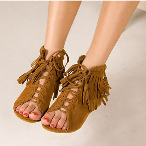Tassels Cut Out Retro Peep Toe Flat Sandals