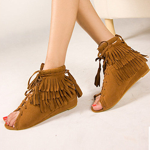 Tassels Cut Out Retro Peep Toe Flat Sandals