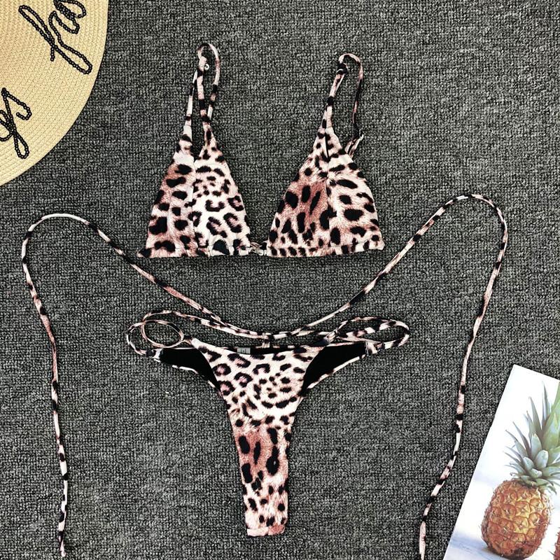 Leopard Bandeau Mid Rise Thong Bottom Padded Top Bikinis