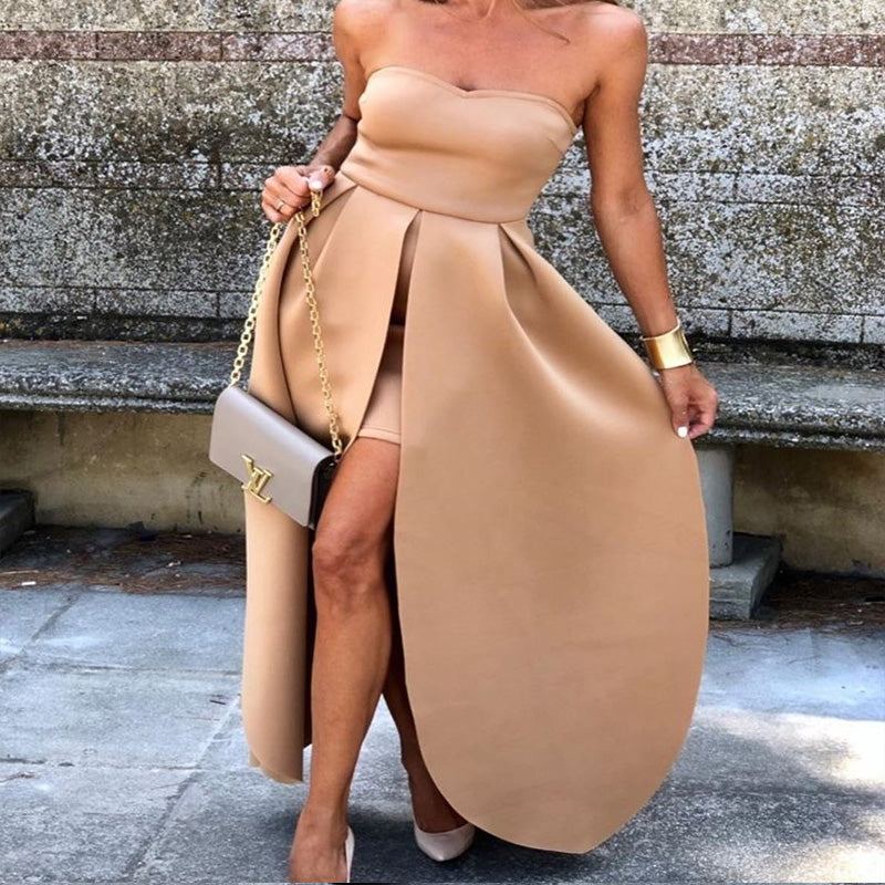 Khaki Strapless Backless High Waist Maxi Dress