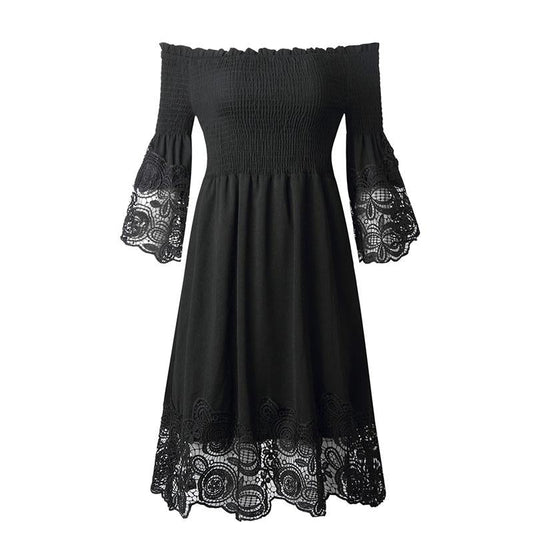 Off Shoulder Lace Hem Smocking Short Dress