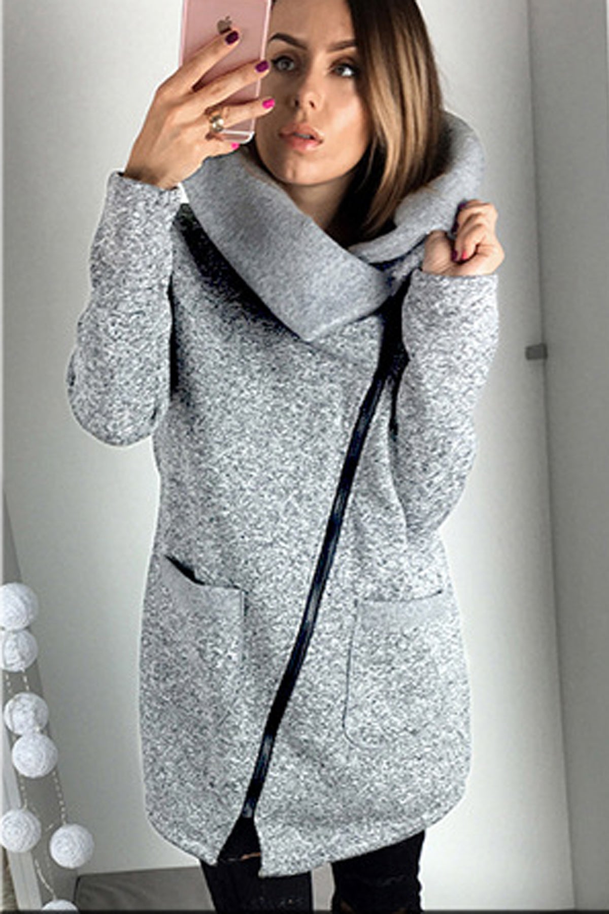 Side Zipper Solid Color Long Hooded Coat