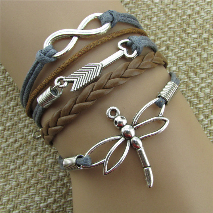 Dragonfly Eight Heart Arrow Leather Bracelet