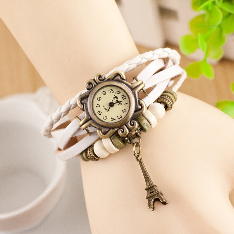 Retro Tower Pendant Woven Bracelet Watch