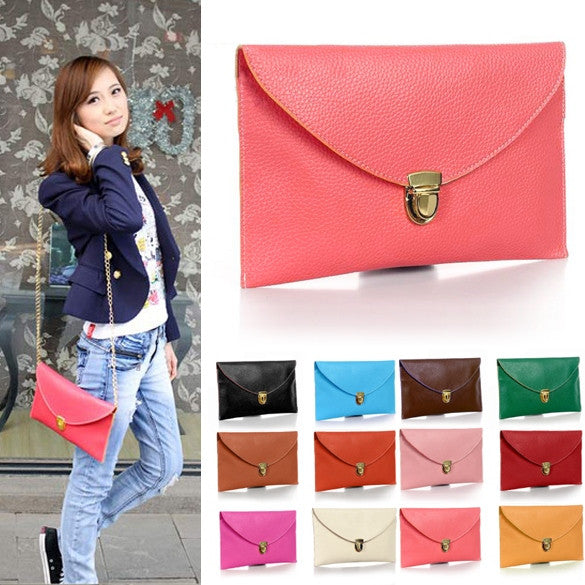 New Fashion Women's Golden Chain Envelope Purse Clutch Synthetic Leather Handbag Shoulder Bag Dinner Party