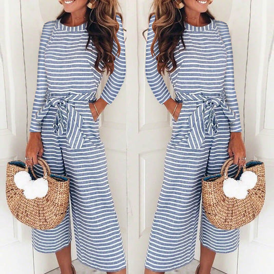 Long Sleeves Wide Leg Stripe Cropped Jumpsuit