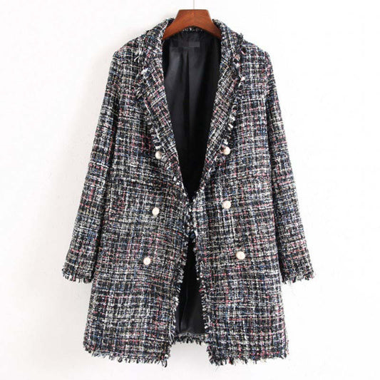 Slim Lapel Pearls Tweed Coat