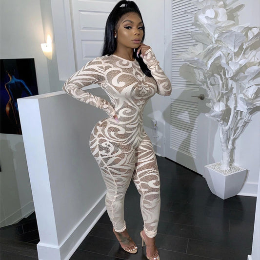 White Long Sleeves Bodycon Sheer Print Jumpsuits