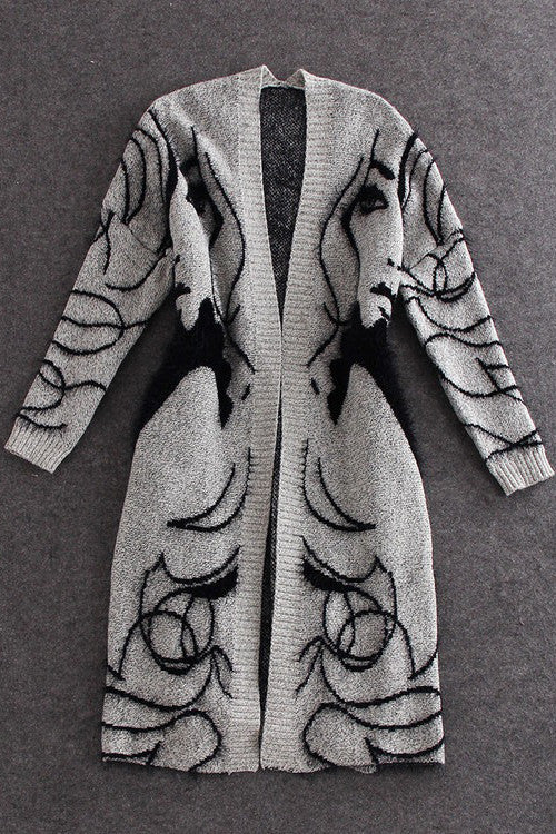 Print Long Sleeves V-neck Long Cardigan