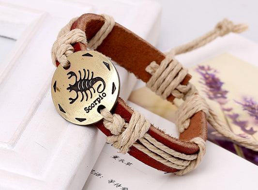 12 Constellation Woven Brown Leather Bracelet