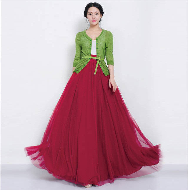 Pure Color Multi-Layer Mesh Long Skirt With Lace Belt