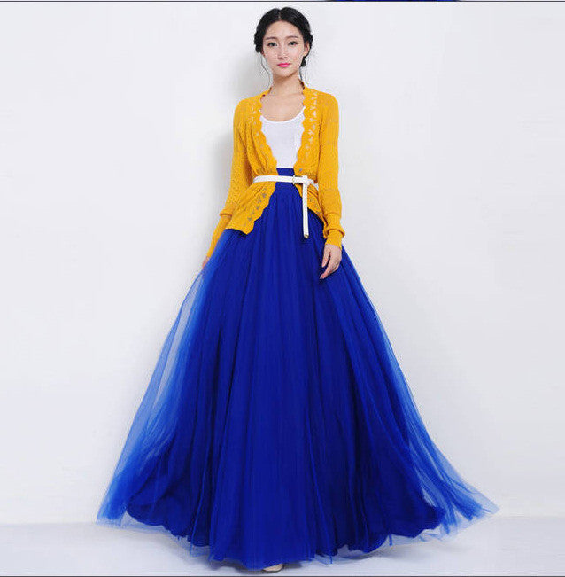 Pure Color Multi-Layer Mesh Long Skirt With Lace Belt