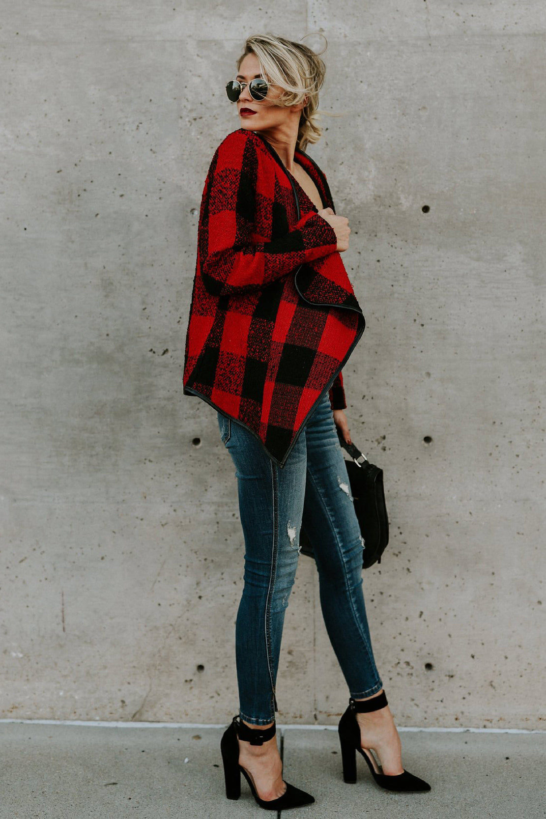 Plaid Lapel Loose Color Block Irregular Short Cardigan Coat