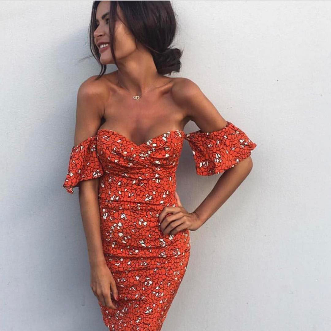 Print Off Shoulder Short Loose Sleeves Bodycon Knee-length Dress