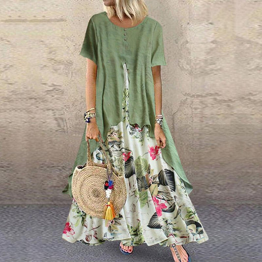 Vintage Short Sleeve Floral Large Hem Long Dress