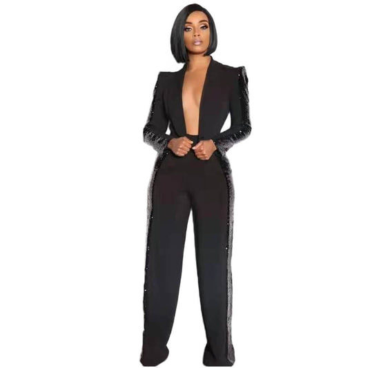 Deep V-neck Blouse High Neck Pencil Pants Set