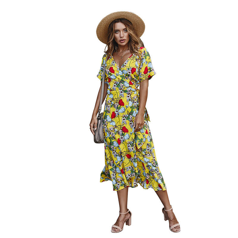 V Neck Floral Beach Midi Wrap Dress