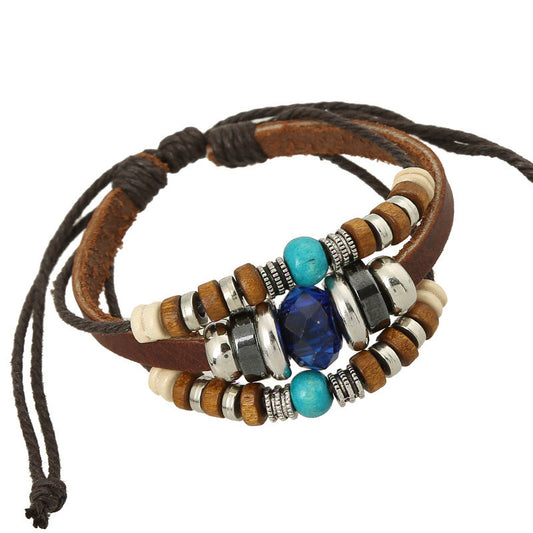 Blue Crystal Beaded Leather Woven Bracelet