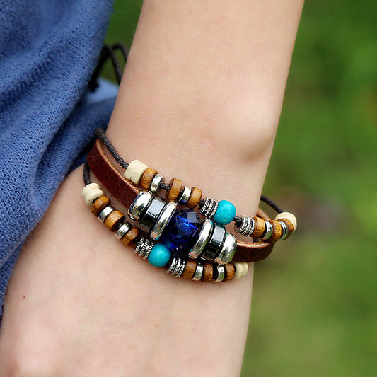 Blue Crystal Beaded Leather Woven Bracelet