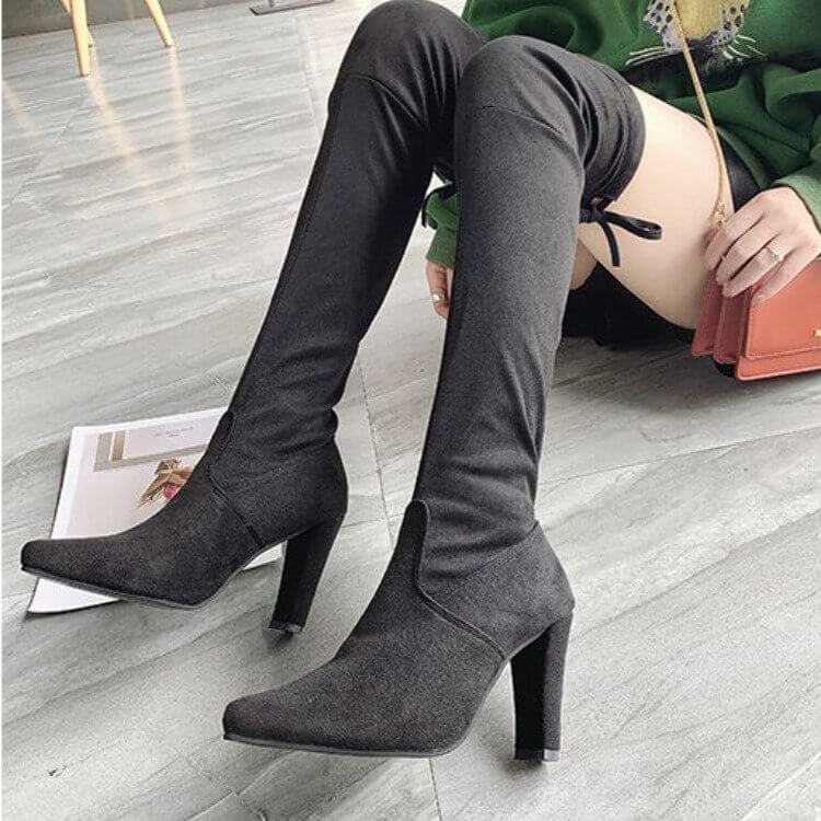 Black Over Knee High Heel Suede Boots