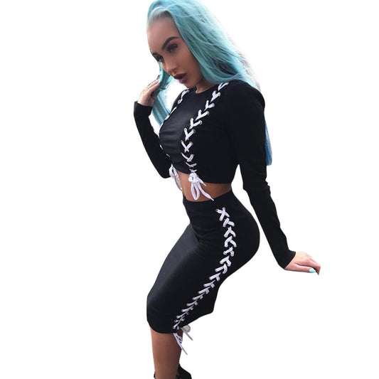 Scoop Long Sleeves Crop Top Bodycon Knee-length Winkle Skirt Dress Set