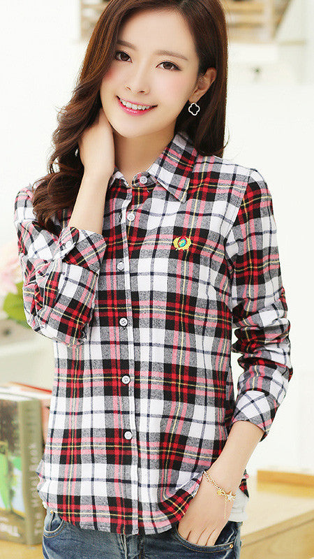 Plaid Turn-down Collar Flower Print Long Sleeves Slim Button Blouse