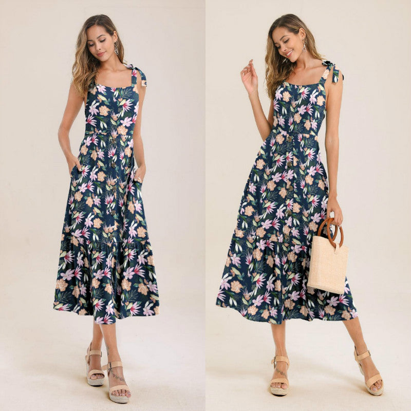 Tight Floral Strap A Line Long Dress