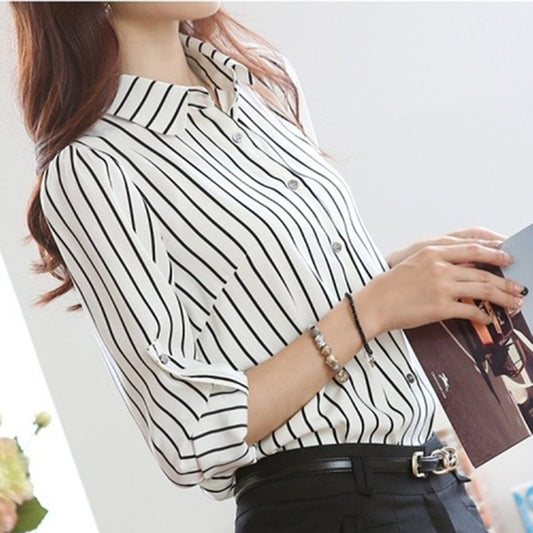 Striped Turn-down Collar Long Sleeves Slim Plus Size Chiffon Blouse