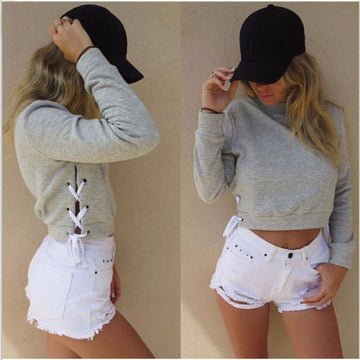 Side Straps Lace Up Solid Color Crop Top Sweatshirt