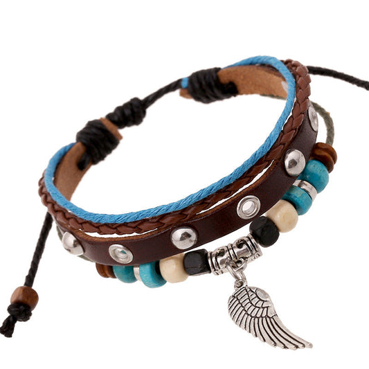 Retro Style Beaded Wing Leather Bracelet