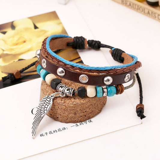 Retro Style Beaded Wing Leather Bracelet