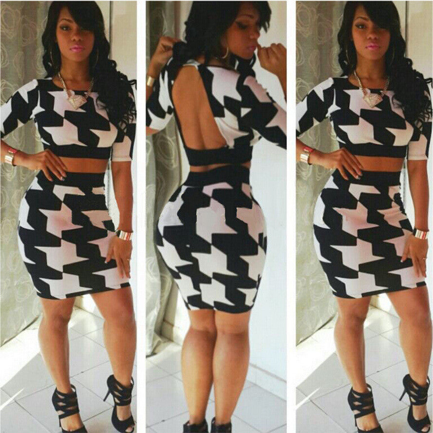 Scoop Backless Crop Top Bodycon Skirt Flower Print Dress Set