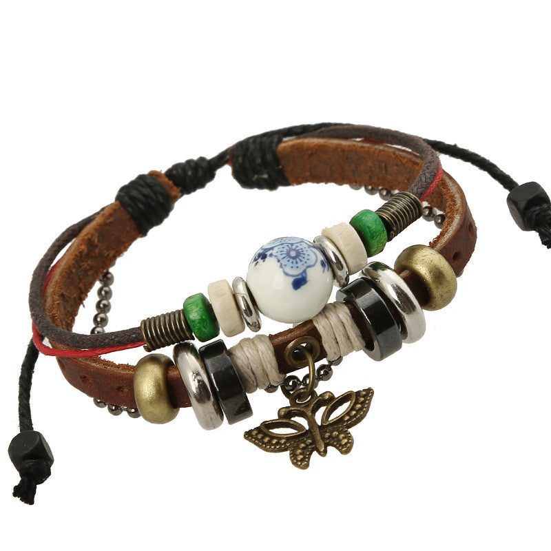 Sweet Butterfly Beaded Leather Bracelet