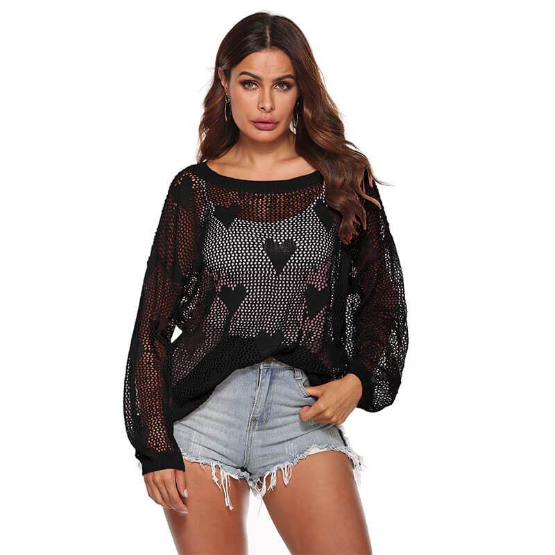 Crewneck Hollow Out Sheer Hearts Sweater