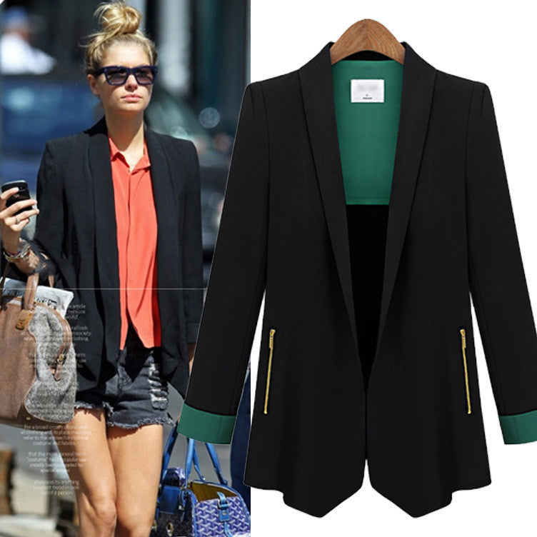 Turn-down Patchwork Zipper OL Fashion Short Slim Blazer