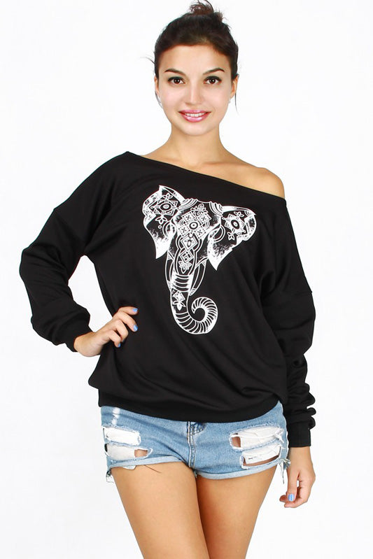 Elepant Print Round Collar Long Sleeves Loose Sweatshirt