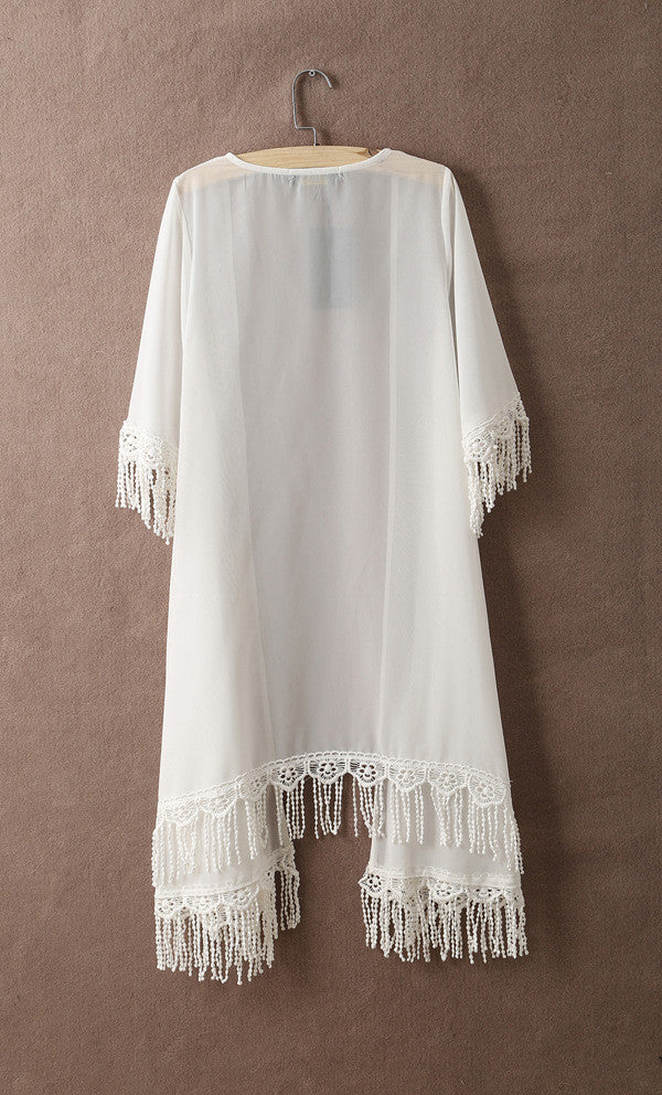 Tassel Short Sleeves Sexy Chiffon  Long Blouse