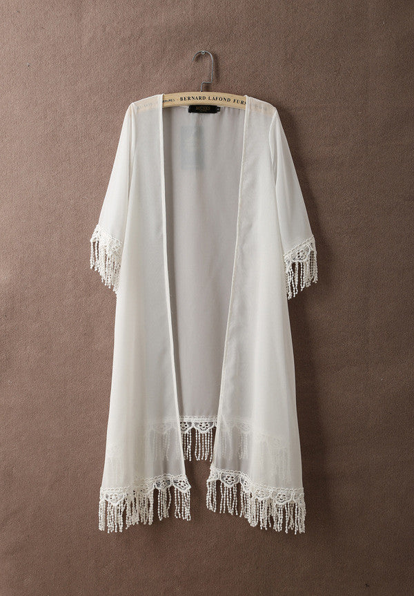 Tassel Short Sleeves Sexy Chiffon  Long Blouse