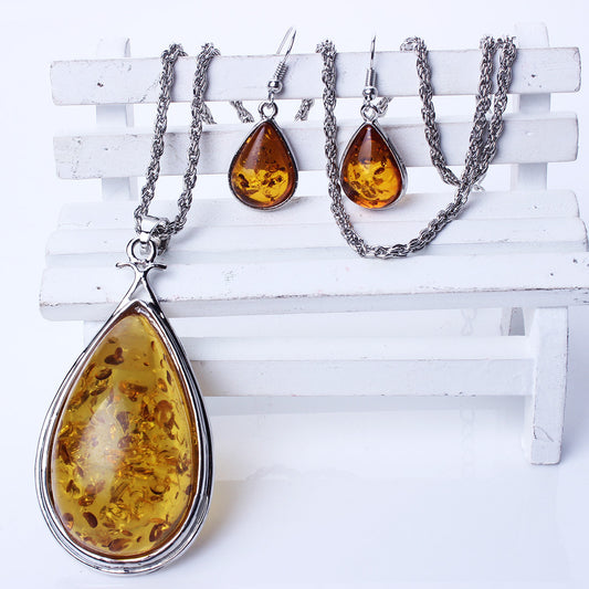 Drop Imitation Amber Necklace Earrings Jewelry Set