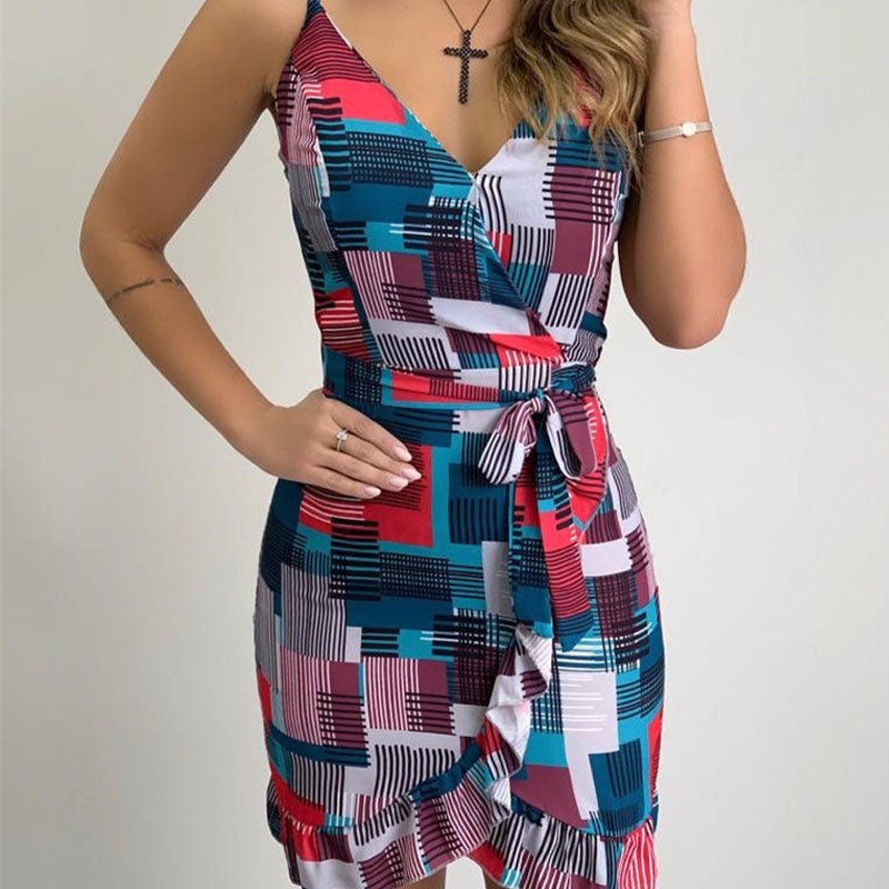 Printed Sling Wrap Short Dress