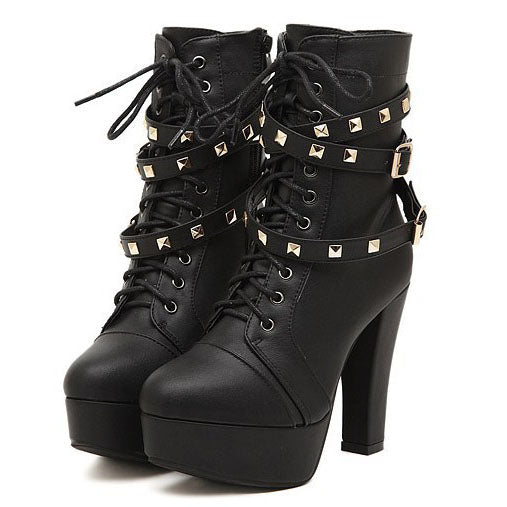 Round Toe Platform Rivets Lace Up High Heels Short Boots