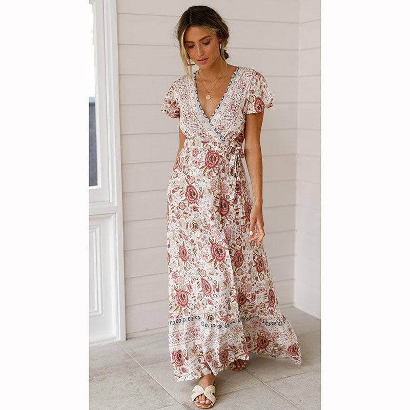 Floral Warp Strappy Tie Waist Holiday Dress