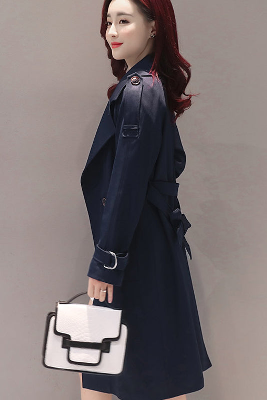 Simple Style Pure Color Lapel Belt Slim Long Coat